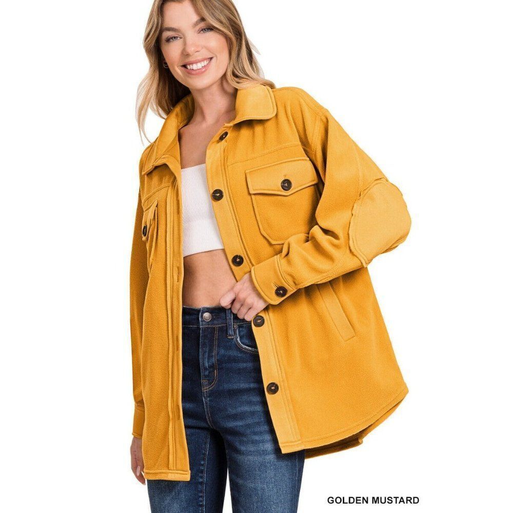 SALE! Zenana Oversized Fleece Shacket Button Up Pockets Golden Mustard QJ-4000Y